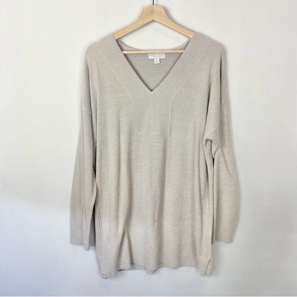 Barefoot Dreams 2X Plus CozyChic Ultra Lite V-Neck Seamed Pullover Sweater Sand - Picture 2 of 5